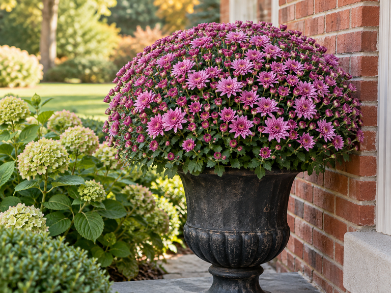 Large pink-purple fall mum in a black urn planter beside a brick house and hydrangea.