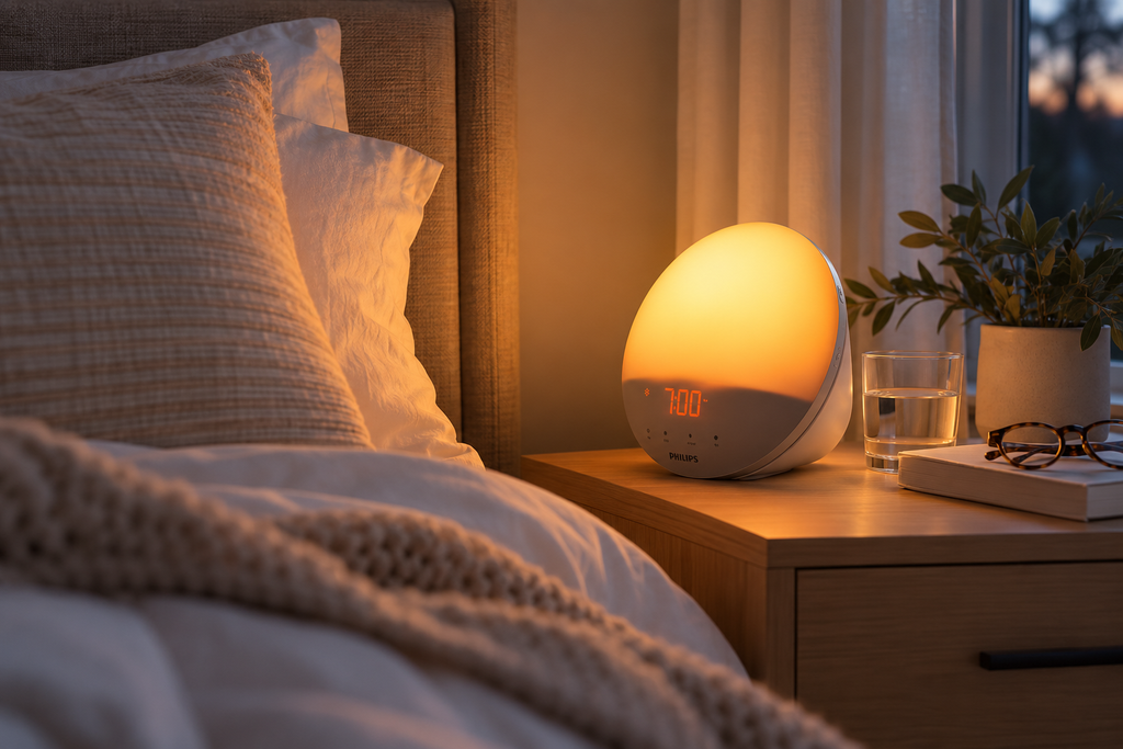Philips wake-up light glowing beside the bed at 6:50 a.m. on a dark fall morning
