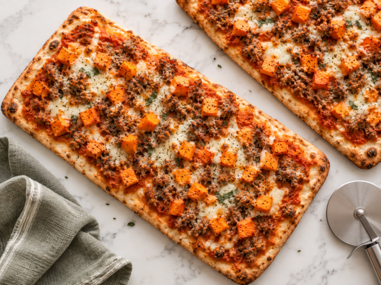 Fall sausage and sweet potato flatbread with pumpkin tomato sauce, melted mozzarella and browned pork.
