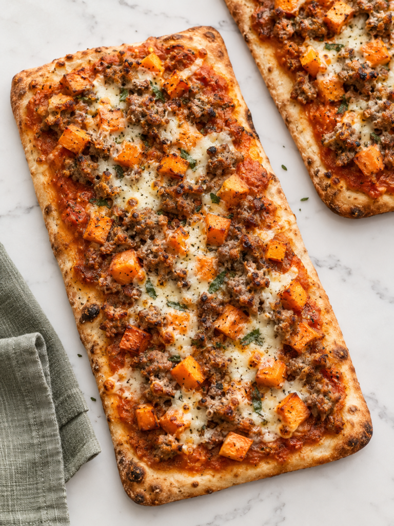 Sausage and sweet potato flatbread topped with pumpkin tomato sauce and melted mozzarella.