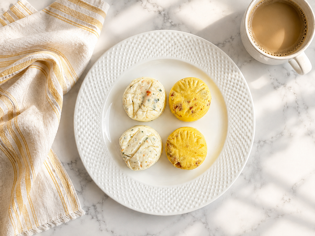 Four cooked Kirkland egg bites on a plate beside a striped towel and a cup of coffee