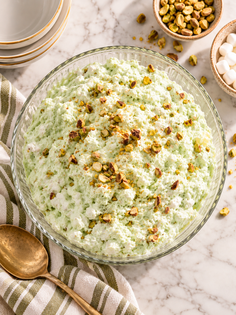 Overhead view of creamy Watergate salad in a glass bowl with chopped pistachios.