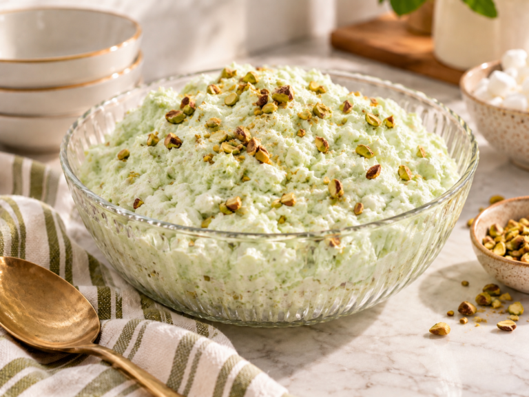 Watergate salad in a glass serving bowl topped with chopped pistachios.
