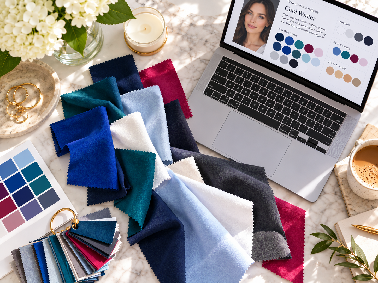 Overhead view of Cool Winter fabric color swatches beside a laptop displaying personalized AI color analysis results and a recommended color palette.