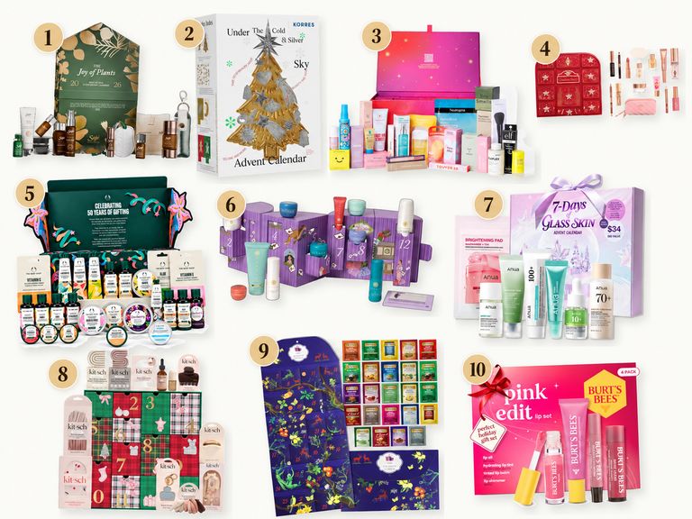 Numbered collage of 10 self-care Advent calendars for 2026, including beauty, skincare, wellness, tea, hair care, and lip care gift sets.