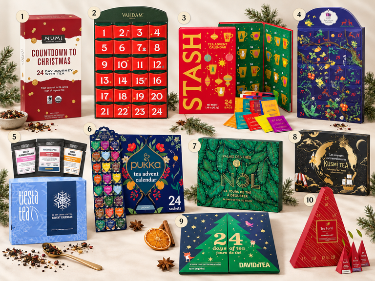 Numbered collage of 10 tea Advent calendars for 2026, featuring Numi, Vahdam, Stash, Twinings, Tiesta Tea, Pukka, Palais des Thés, Kusmi Tea, DAVIDsTEA, and Tea Forté with loose tea and festive accents.