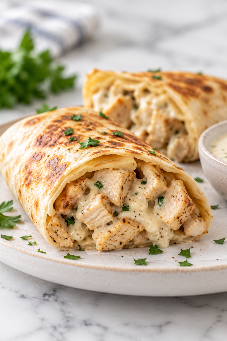 Crispy chicken Alfredo wraps sliced in half, showing seasoned chicken, creamy garlic-Parmesan sauce, and melted mozzarella inside golden toasted tortillas.
