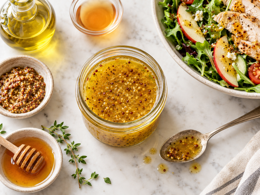 Honey mustard vinaigrette with whole grain mustard in a glass jar beside olive oil, honey, mustard and a chicken apple salad.