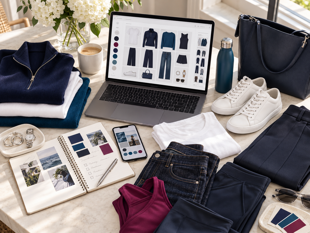 Women's capsule wardrobe planning setup featuring a laptop with an AI wardrobe board, navy and teal clothing, white sneakers, accessories, and color swatches.