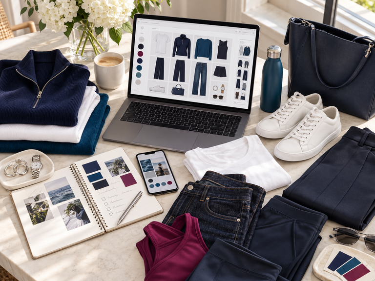 Women's capsule wardrobe planning setup featuring a laptop with an AI wardrobe board, navy and teal clothing, white sneakers, accessories, and color swatches.