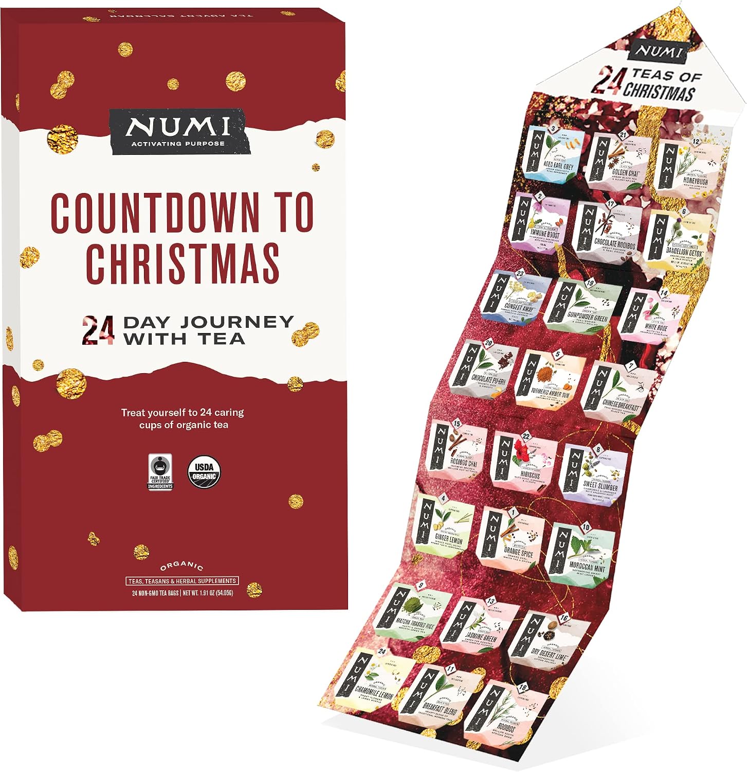 Numi Organic Tea Advent Calendar 2025 24 Days of Organic Fair Trade Teas Christmas Countdown Gift Set with Aged Earl Grey, Moroccan Mint, Rooibos Chai, White Rose, Chocolate Pu-erh & More Holiday ...