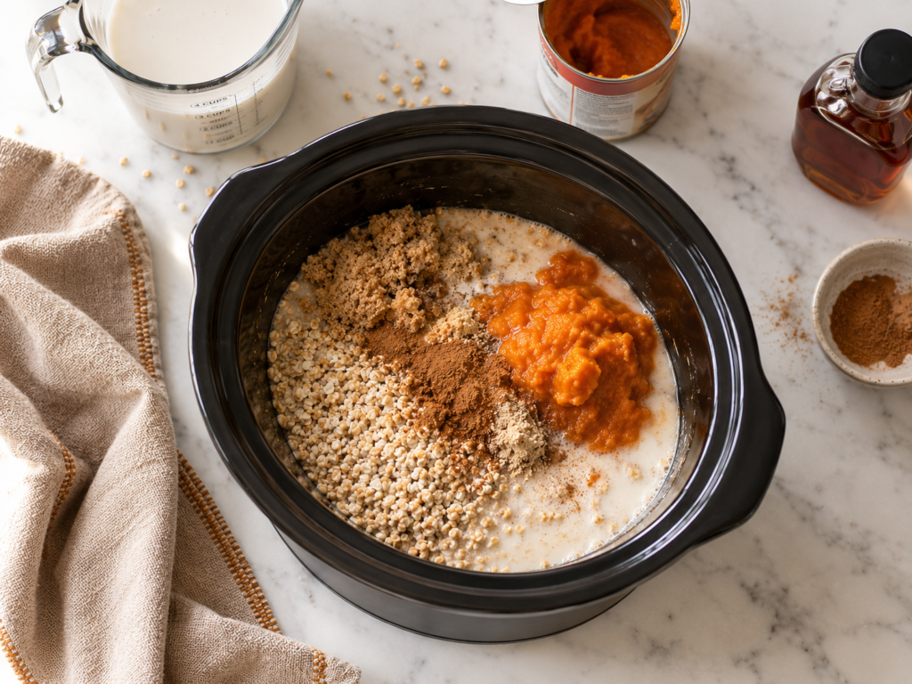 Pumpkin steel cut oats ingredients combined in a slow cooker before cooking
