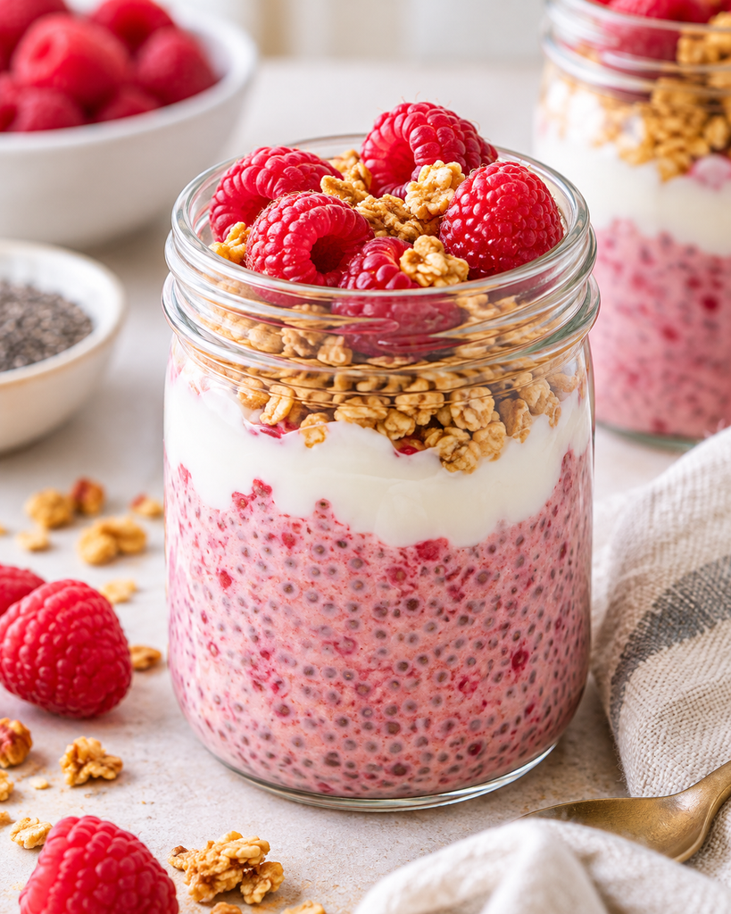 Raspberry chia pudding parfait layered with Greek yogurt in a glass jar, topped with fresh raspberries and granola.
