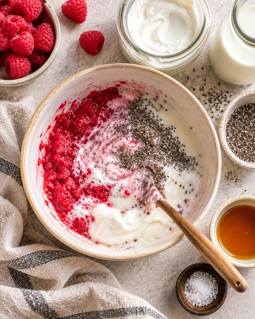 Overhead view of raspberry chia pudding ingredients being mixed in a ceramic bowl, with mashed raspberries, Greek yogurt, chia seeds, milk, and maple syrup.