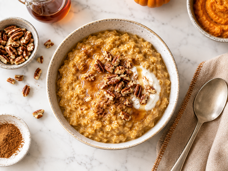 Slow cooker pumpkin steel cut oats topped with pecans, maple syrup and yogurt