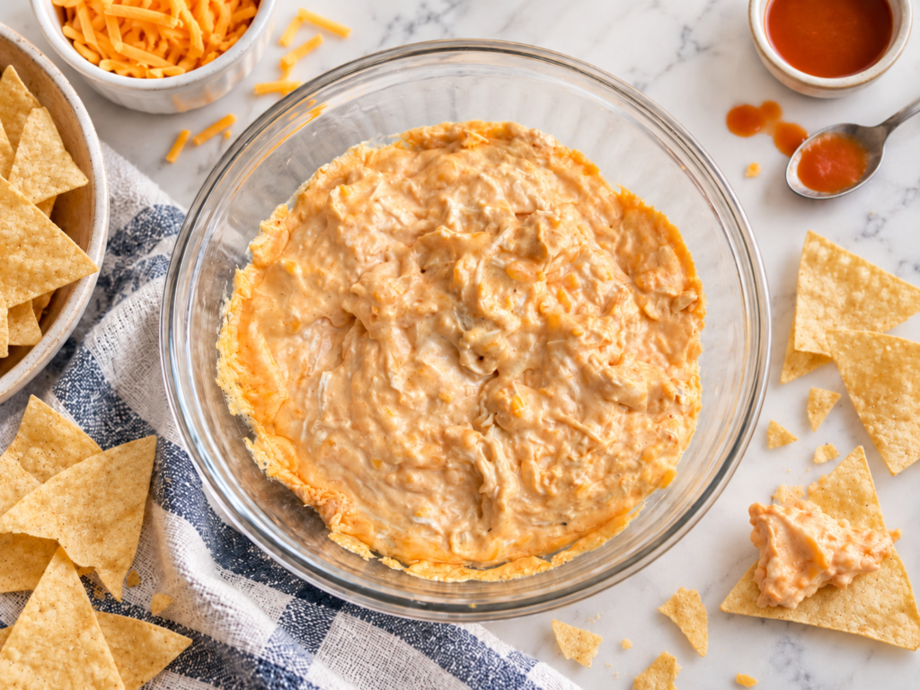 Small batch buffalo chicken dip for two with restaurant-style tortilla chips, shredded cheddar and buffalo sauce