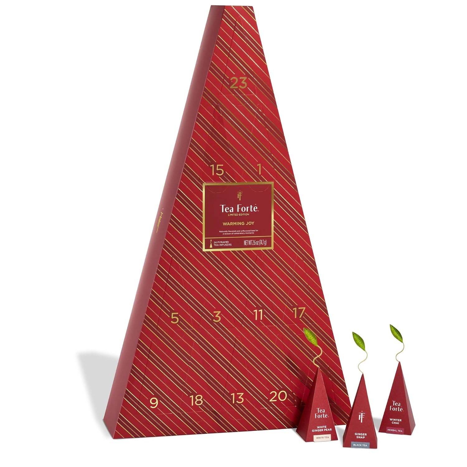 Tea Forte Warming Joy Tea Advent Calendar, 24 Pyramid Infusers | 24 Days of Teas, 24 Assorted Pyramid Infusers, Holiday Tea Sampler & Christmas Gift for Tea Lovers