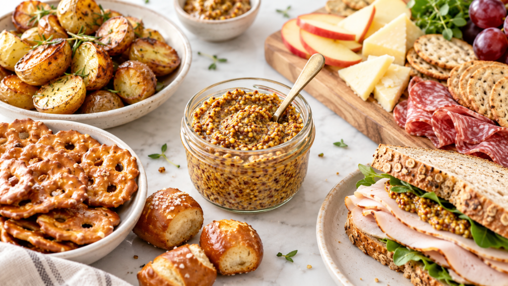 Whole grain mustard served with pretzels, pretzel bites, turkey sandwich, roasted potatoes and charcuterie