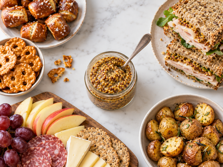 Whole grain mustard with pretzels, turkey sandwich, roasted potatoes and charcuterie board.